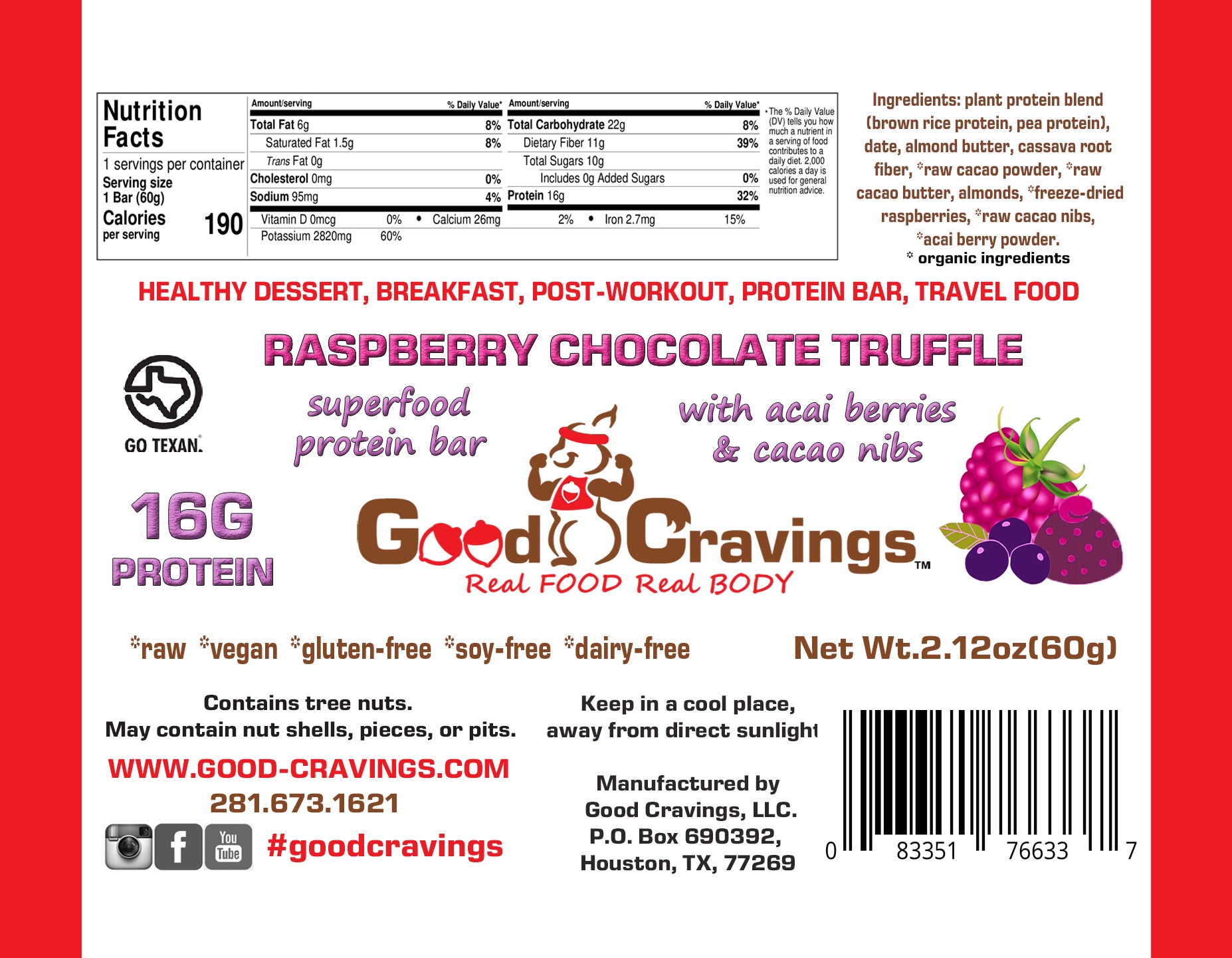 Raspberry Chocolate Torte with Acai & Cacao Nibs Vegan Protein Bar