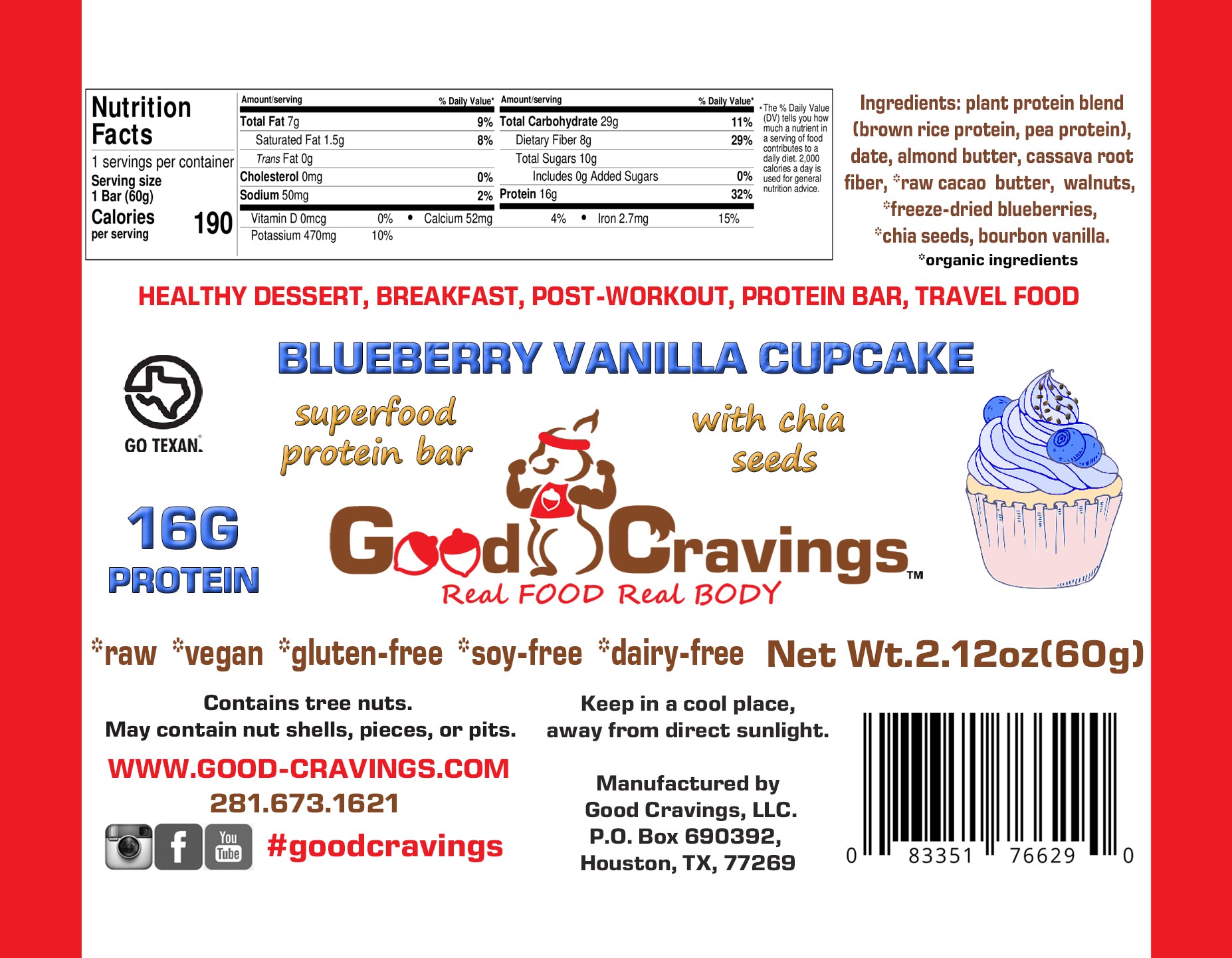 Blueberry Vanilla Cupcake with Chia Seeds Raw Vegan Protein Bar